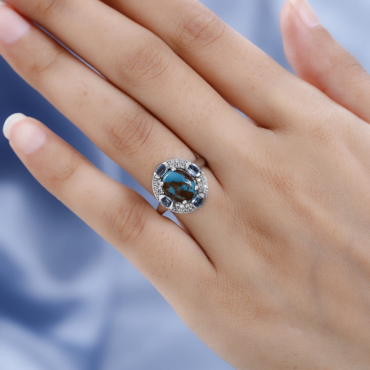 Sierra Nevada Turquoise, Swiss Blue Topaz and Natural Zircon Ring in Platinum Overlay Sterling Silver 3.90 Ct.