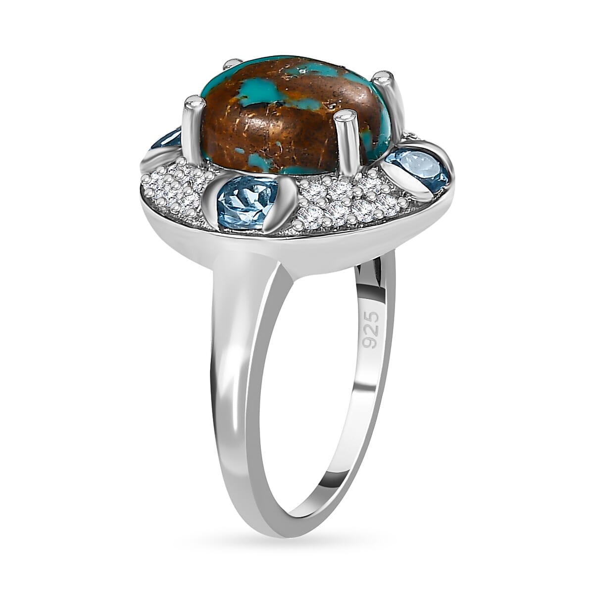 Sierra Nevada Turquoise, Swiss Blue Topaz and Natural Zircon Ring in Platinum Overlay Sterling Silver 3.90 Ct.