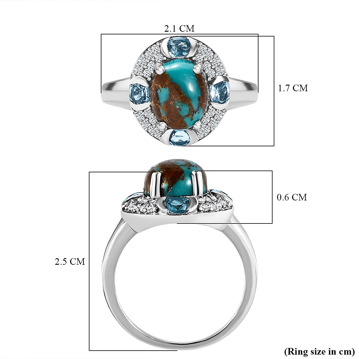 Sierra Nevada Turquoise, Swiss Blue Topaz and Natural Zircon Ring in Platinum Overlay Sterling Silver 3.90 Ct.