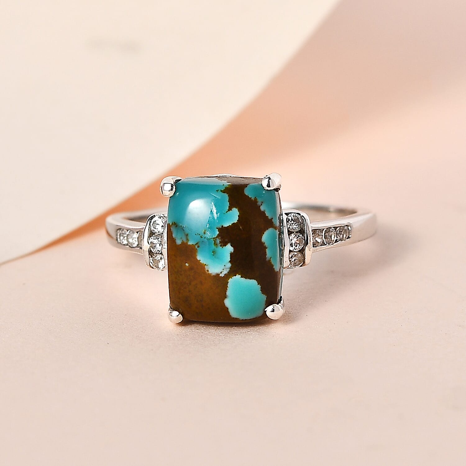 Sierra Nevada Turquoise and Natural Zircon Ring in Platinum Overlay Sterling Silver 3.28 Ct.