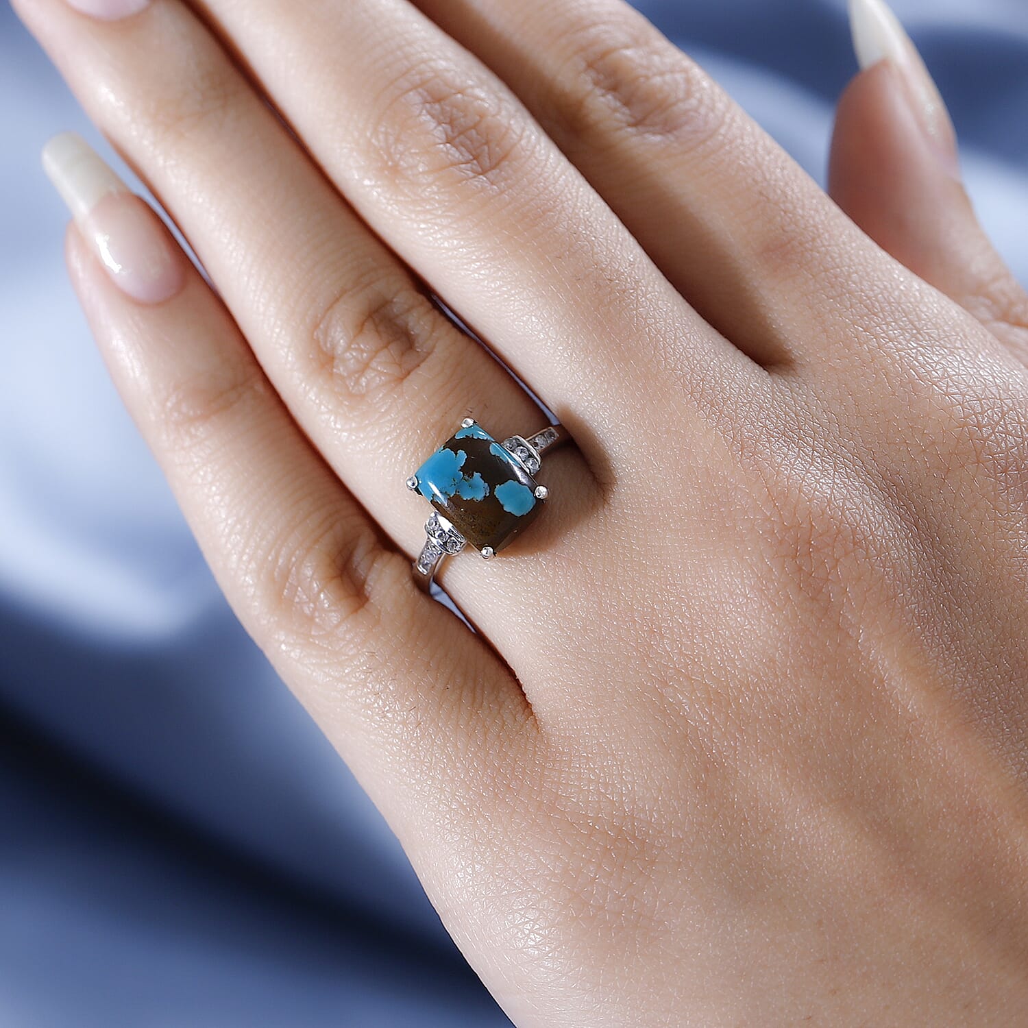 Sierra Nevada Turquoise and Natural Zircon Ring in Platinum Overlay Sterling Silver 3.28 Ct.