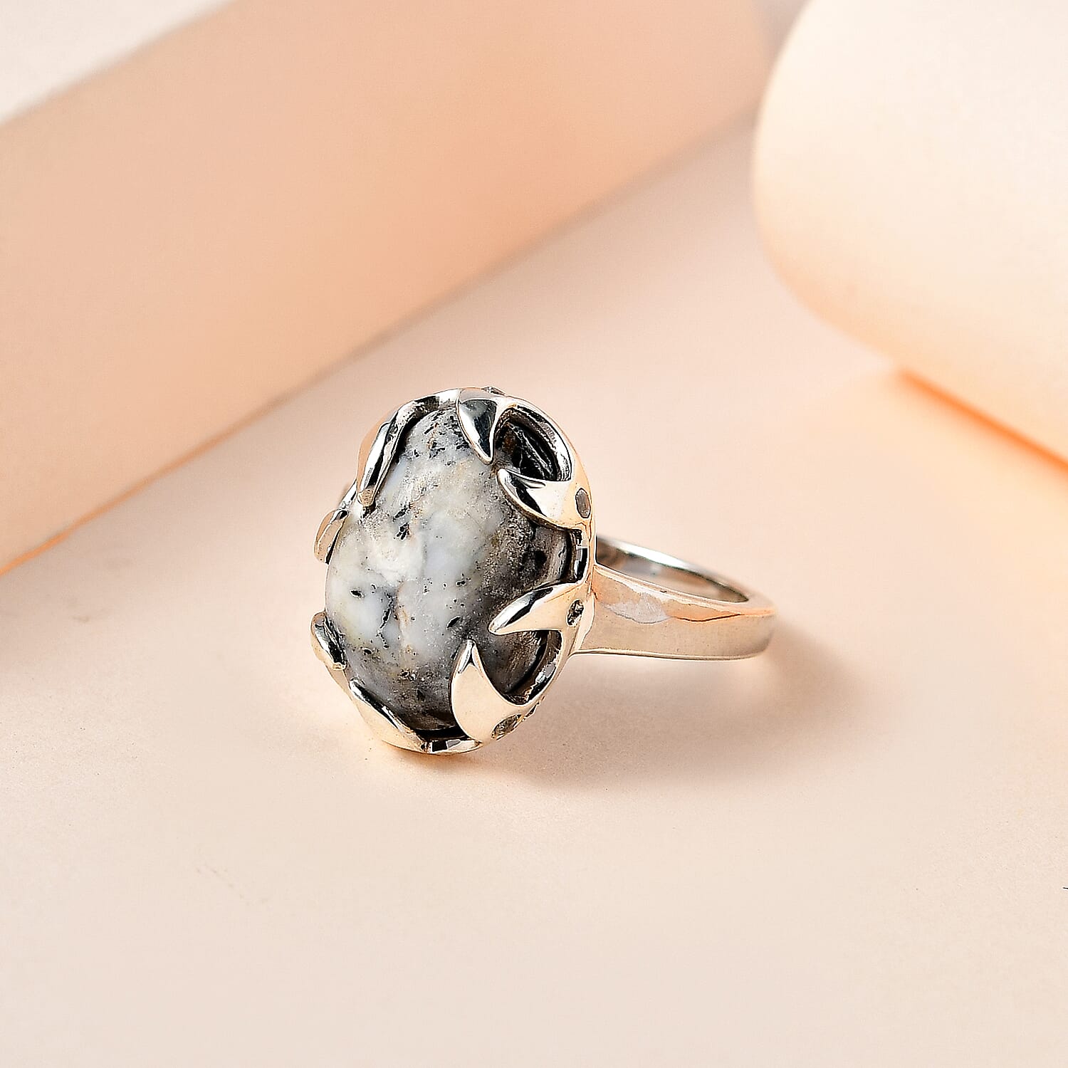 White Buffalo and Natural Zircon Ring in Platinum Overlay Sterling Silver 5.60 Ct.