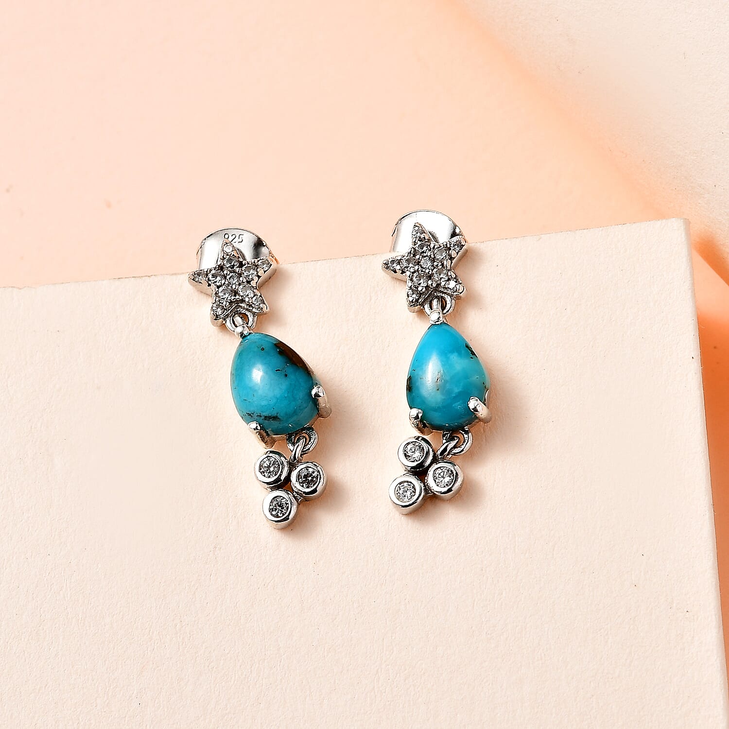 Sierra Nevada Turquoise and Natural Zircon Dangle Star Earrings in Platinum Overlay Sterling Silver 2.70 Ct.
