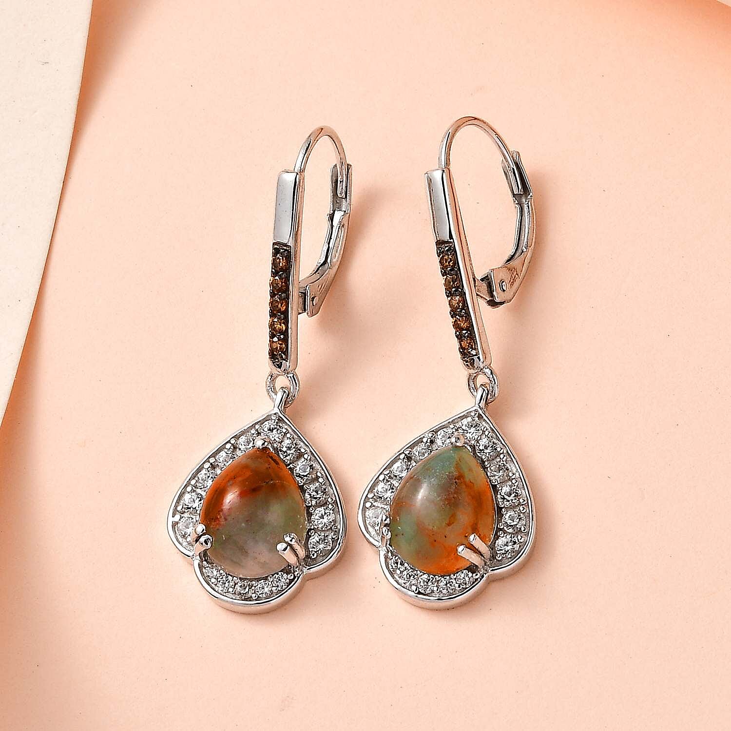 Zimbaprase, Natural White Zircon and Brown Zircon Dangle Earrings in Platinum Overlay Sterling Silver 6.50 Ct