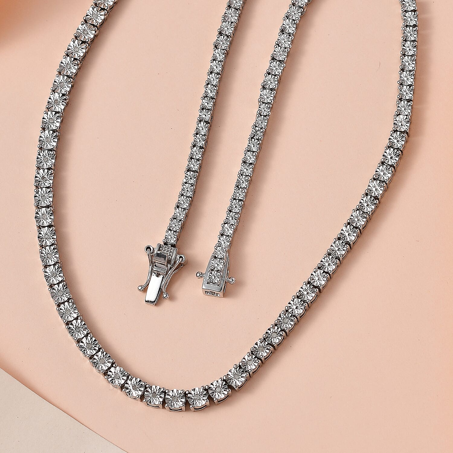 Natural White Diamond Tennis Necklace (Size - 20) with GB Lock Box in Platinum Overlay Sterling Silver, Silver Wt. 30.66 Gms.