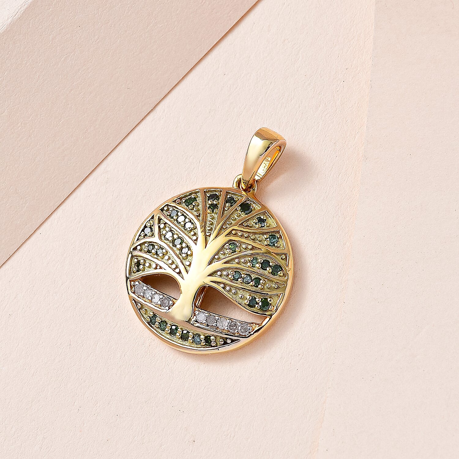 Designer Inspired - White & Green Diamond Tree of Life Pendant in Vermeil Yellow Gold Plated Sterling Silver 0.26 Ct.