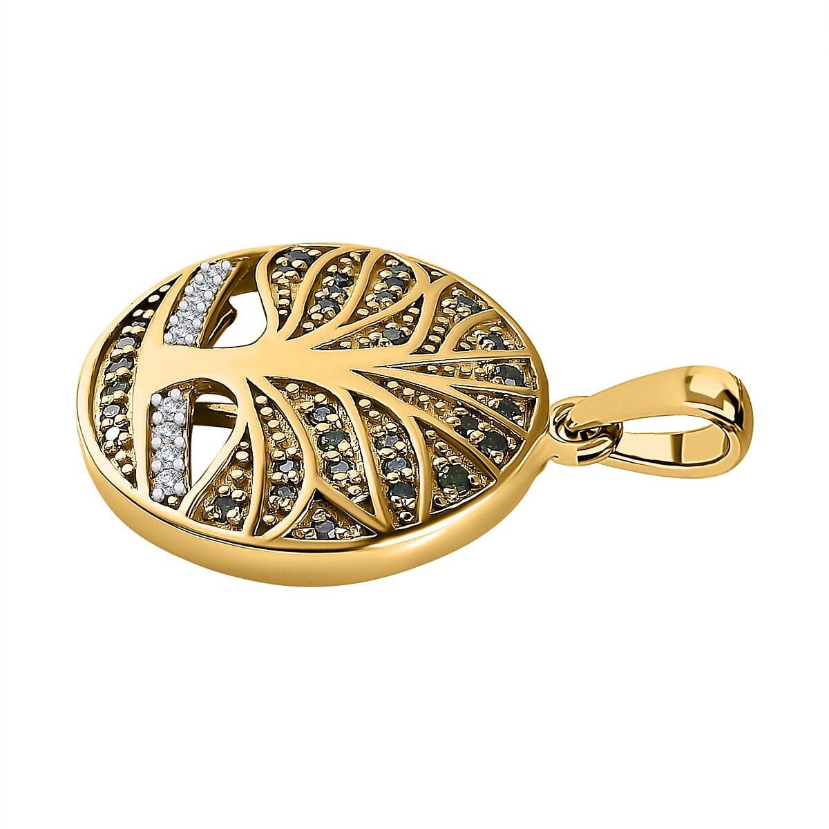 Designer Inspired - White & Green Diamond Tree of Life Pendant in Vermeil Yellow Gold Plated Sterling Silver 0.26 Ct.