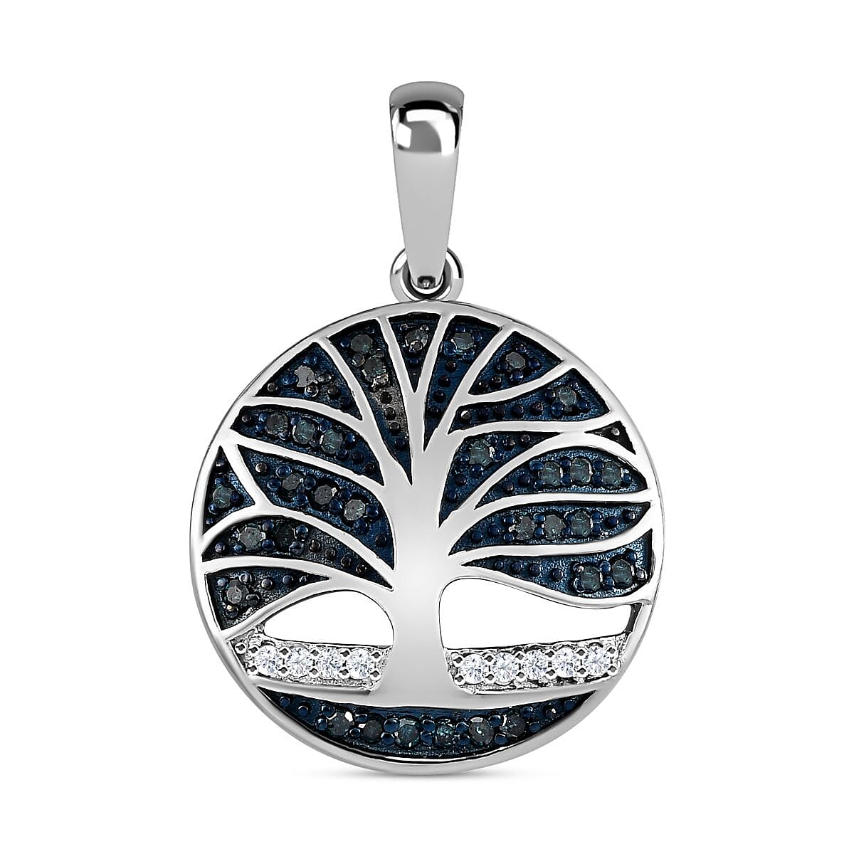 Designer Inspired White and Blue Diamond Tree of Life Pendant in Platinum Overlay Sterling Silver 0.25 Ct