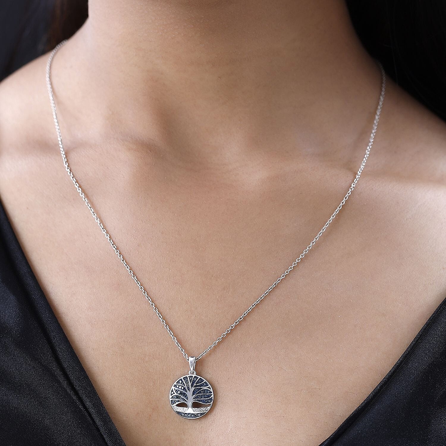 Designer Inspired White and Blue Diamond Tree of Life Pendant in Platinum Overlay Sterling Silver 0.25 Ct