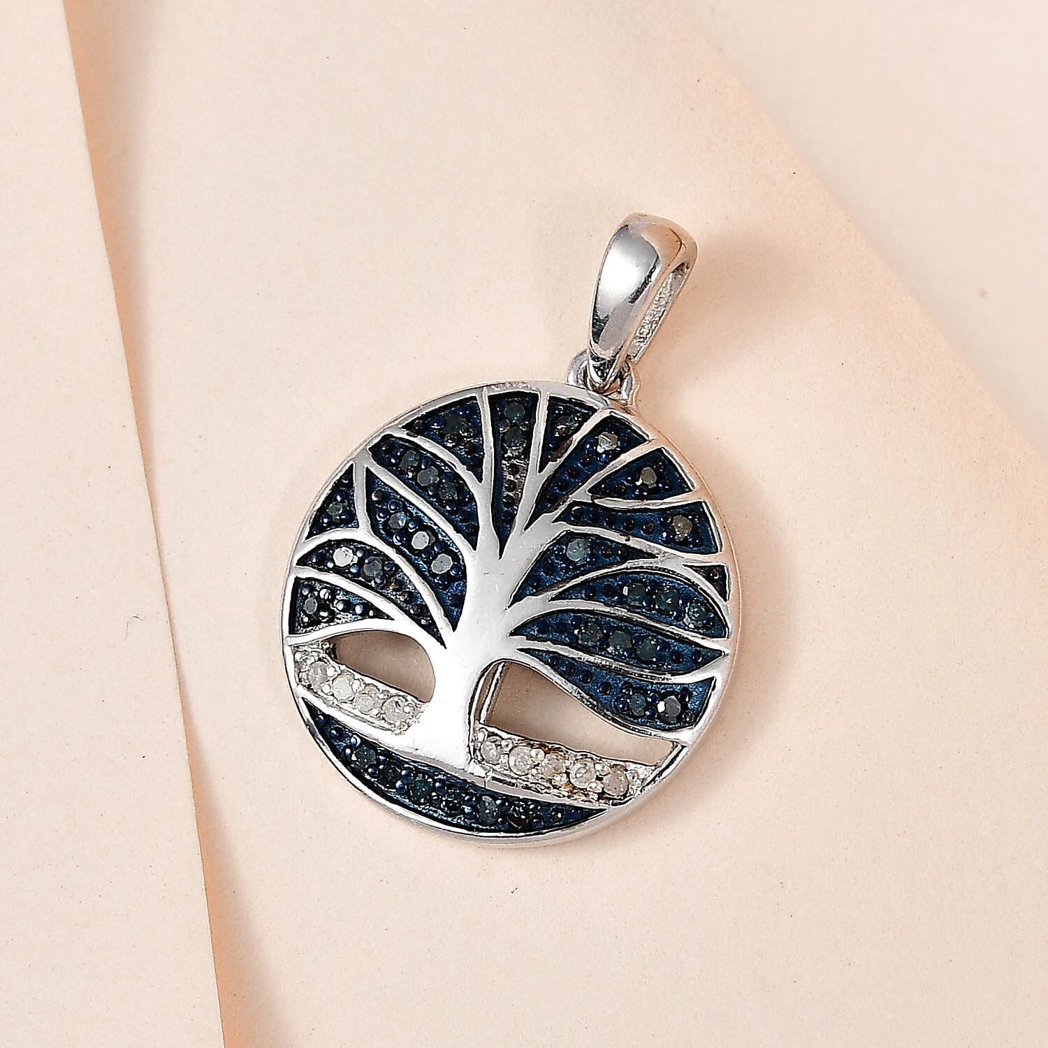 Designer Inspired White and Blue Diamond Tree of Life Pendant in Platinum Overlay Sterling Silver 0.25 Ct