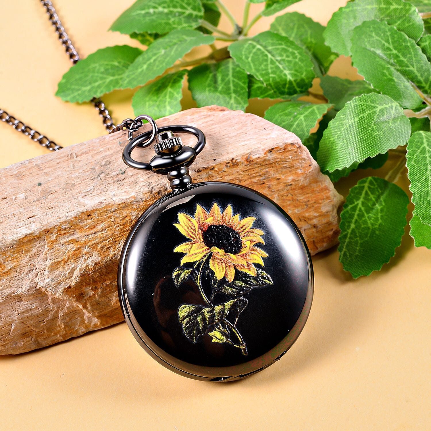Unisex 3D Sunflower Print Pocket Watch - Black