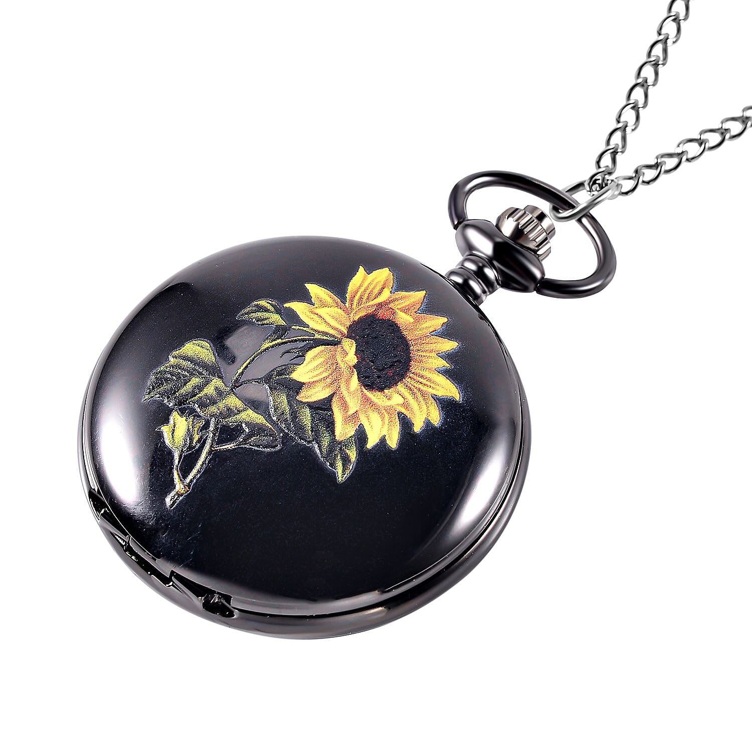 Unisex 3D Sunflower Print Pocket Watch - Black