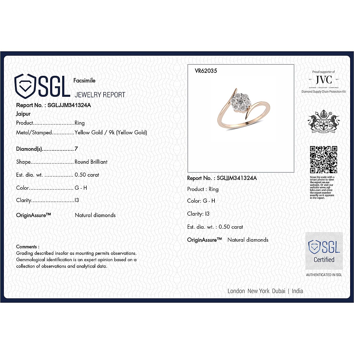 9K Yellow Gold SGL Certified White Diamond Bypass Ring 0.50 Ct.