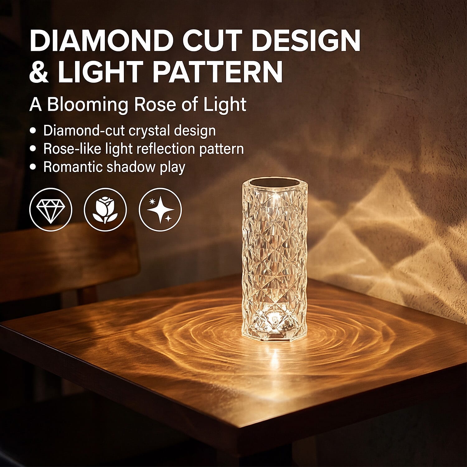 USB Rechargeable, Touch Sensor Crystal Diamond Led Table Lamp