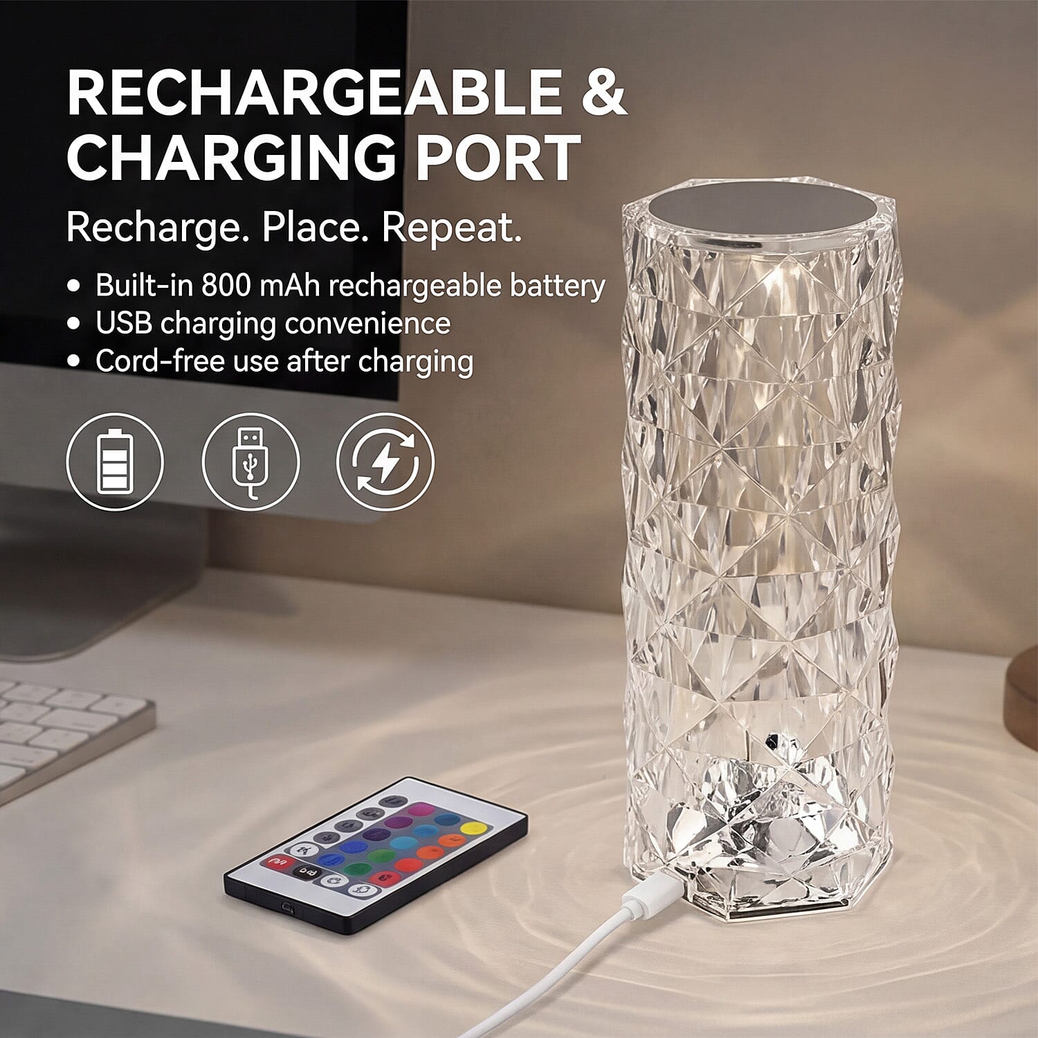 USB Rechargeable, Touch Sensor Crystal Diamond Led Table Lamp