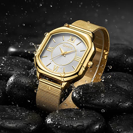 Gamages of London Ladies Countess White Dial Diamond Studded Watch with Gold Colour Mesh Bracelet