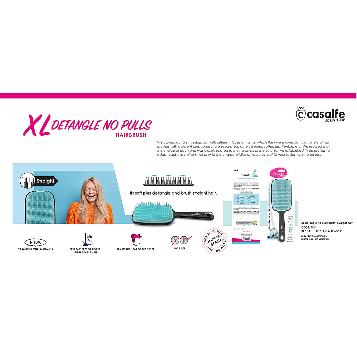 Casalfe Detangle No Pull Brush Straight Hair (XL) - Blue