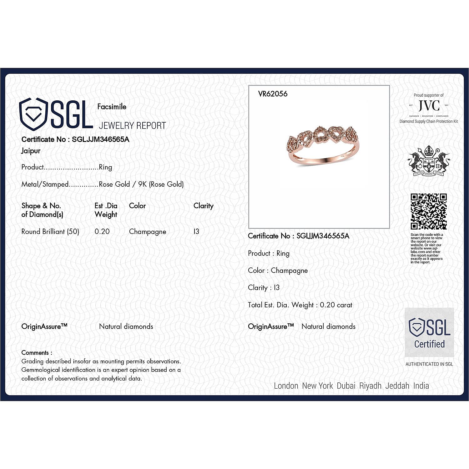 9K Rose Gold SGL Certified Champagne Diamond Heart Ring 0.20 Ct