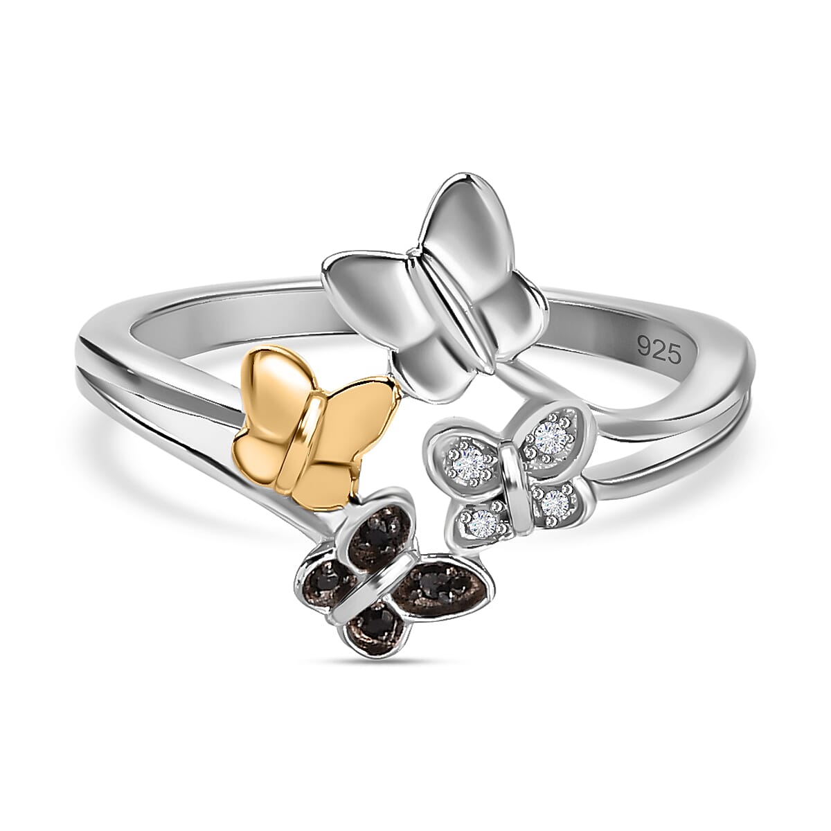Black and White Diamond Ring in 18K Vermeil Yellow Gold and Platinum Plated Sterling Silver 0.04 Ct