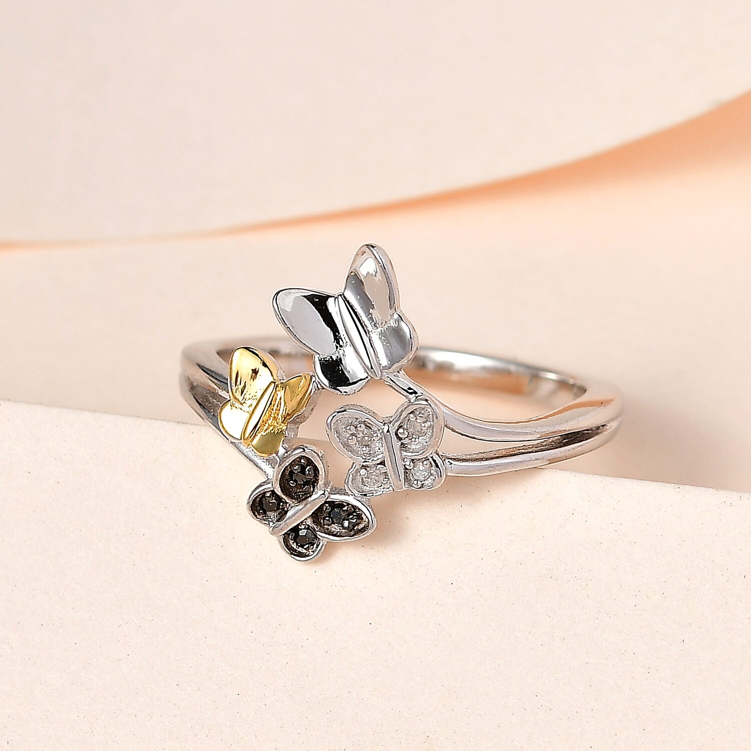 Black and White Diamond Ring in 18K Vermeil Yellow Gold and Platinum Plated Sterling Silver 0.04 Ct