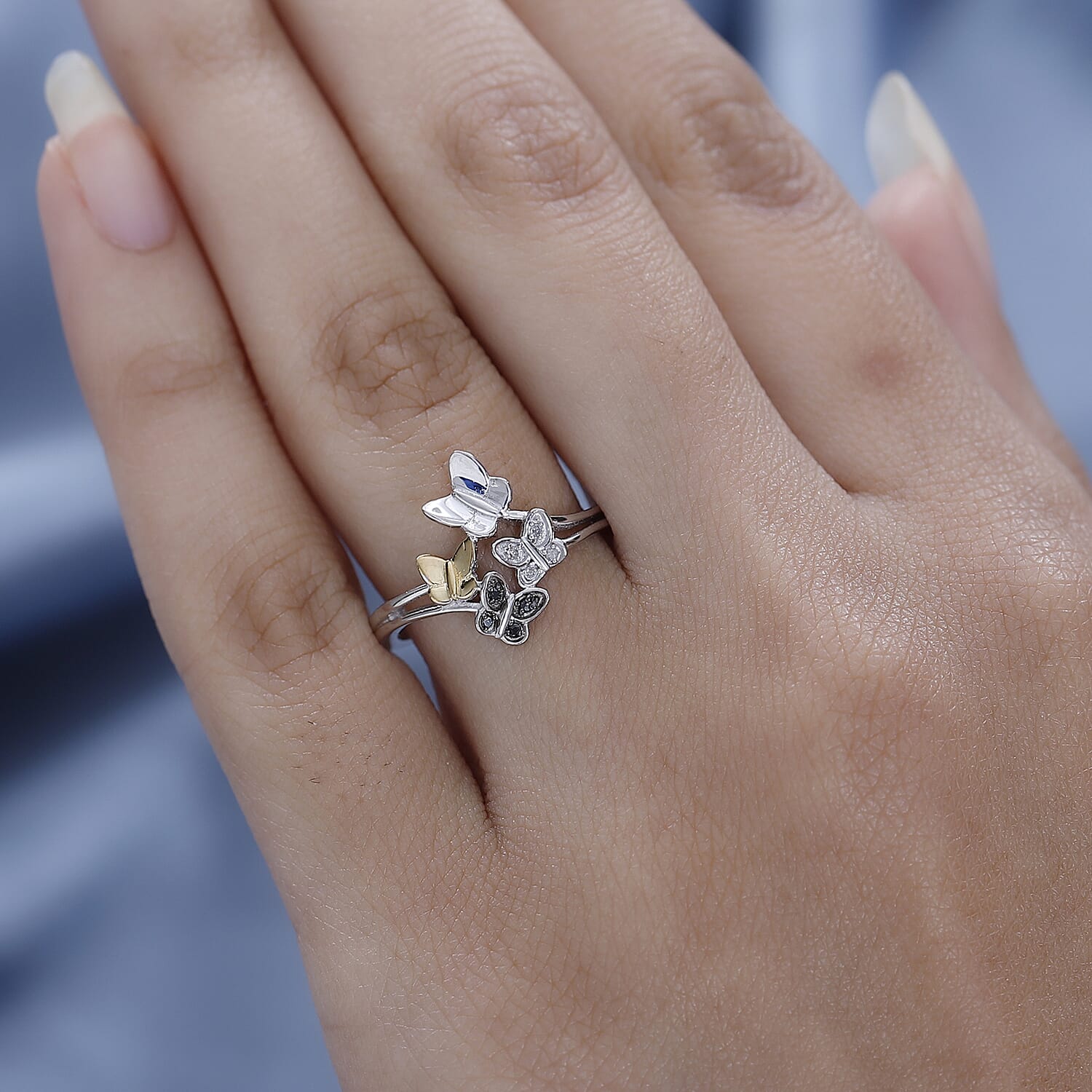 Black and White Diamond Ring in 18K Vermeil Yellow Gold and Platinum Plated Sterling Silver 0.04 Ct