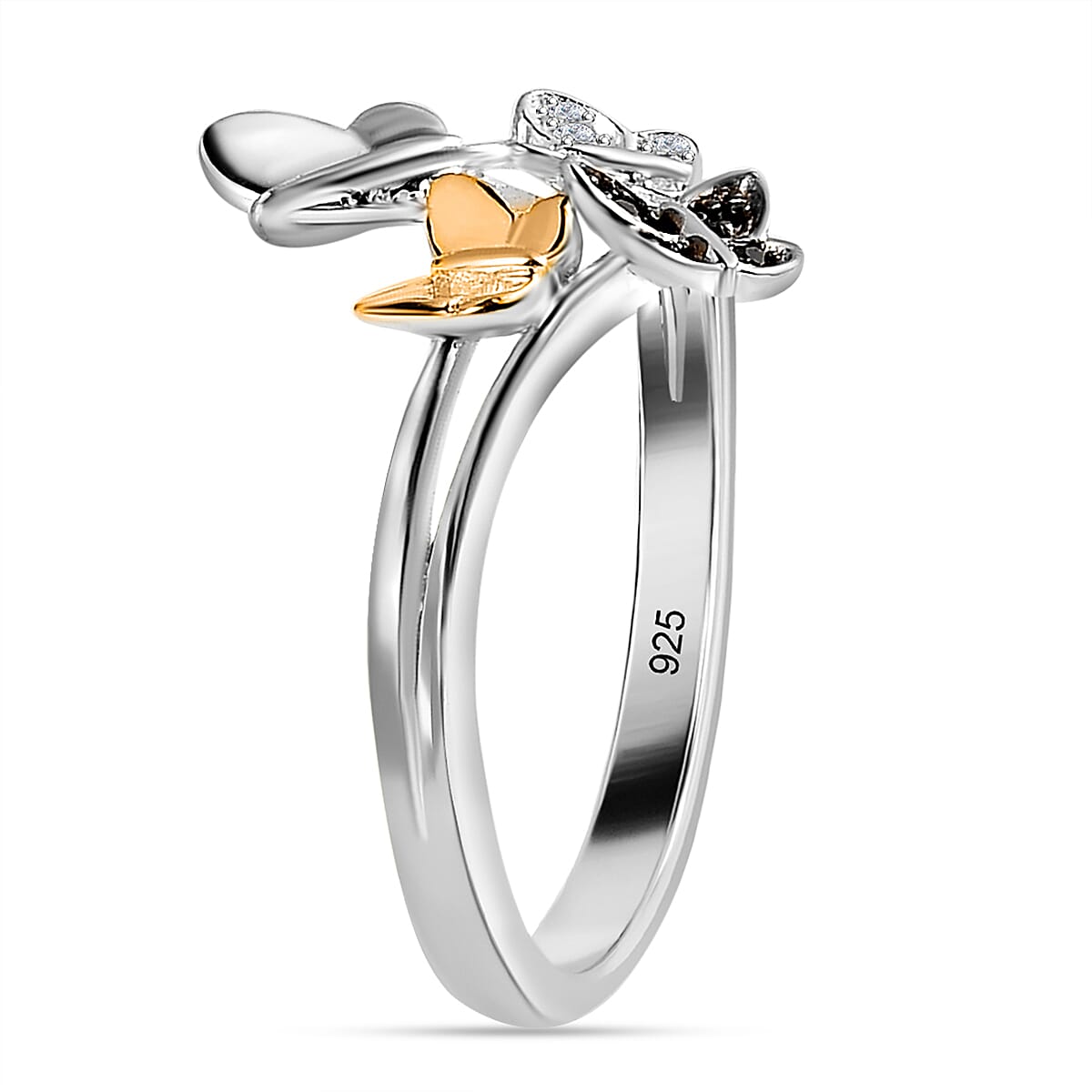 Black and White Diamond Ring in 18K Vermeil Yellow Gold and Platinum Plated Sterling Silver 0.04 Ct