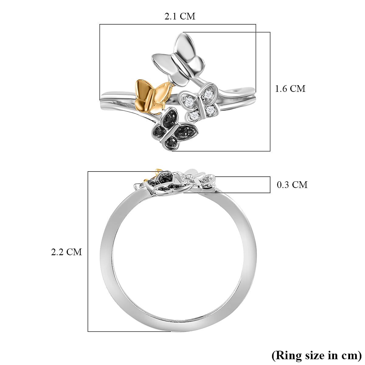 Black and White Diamond Ring in 18K Vermeil Yellow Gold and Platinum Plated Sterling Silver 0.04 Ct