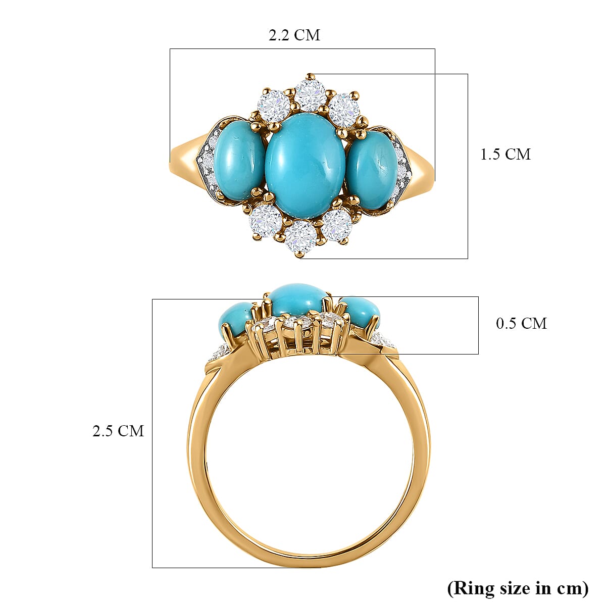 Arizona Sleeping Beauty Turquoise & Natural Zircon Ring in 18K Vermeil Yellow Gold Plated Sterling Silver 2.34 Ct.