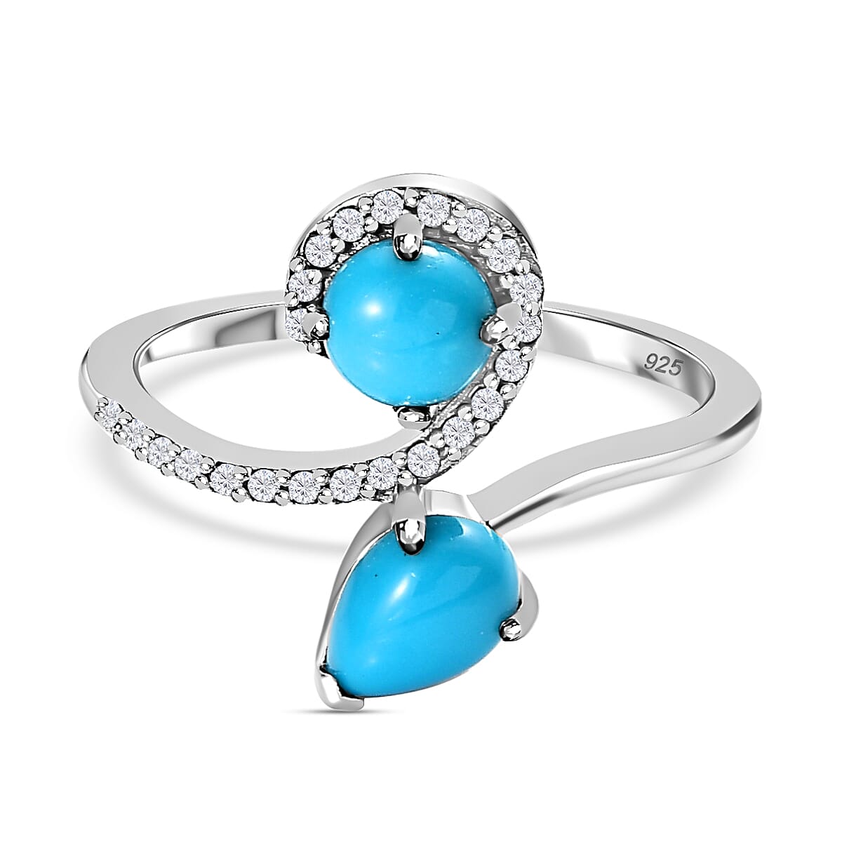 Arizona Sleeping Beauty Turquoise & Natural Zircon Bypass Ring in Platinum Overlay Sterling Silver 1.37 Ct.