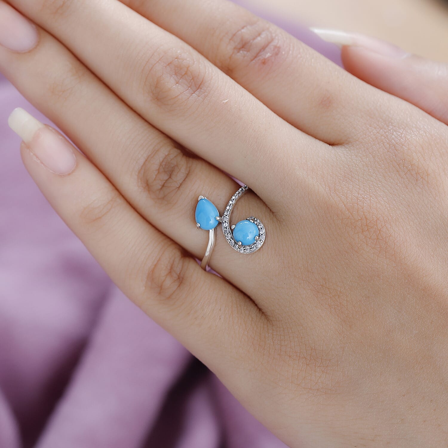 Arizona Sleeping Beauty Turquoise & Natural Zircon Bypass Ring in Platinum Overlay Sterling Silver 1.37 Ct.