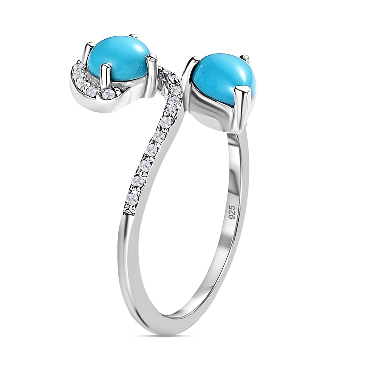 Arizona Sleeping Beauty Turquoise & Natural Zircon Bypass Ring in Platinum Overlay Sterling Silver 1.37 Ct.