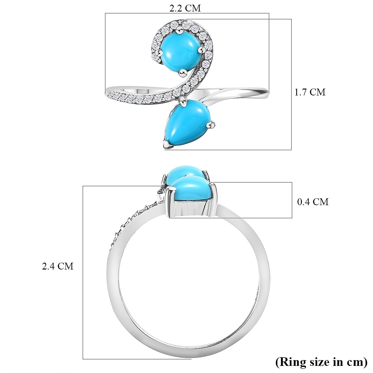 Arizona Sleeping Beauty Turquoise & Natural Zircon Bypass Ring in Platinum Overlay Sterling Silver 1.37 Ct.