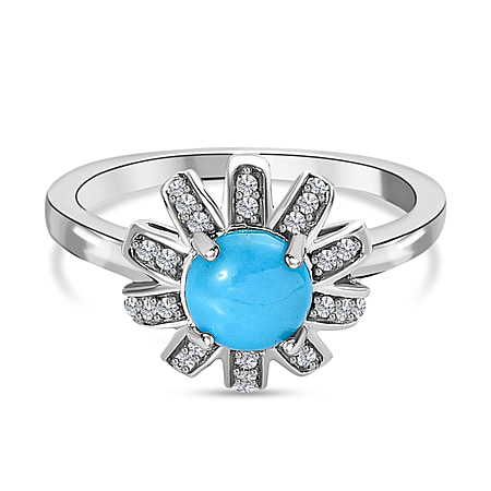 Arizona Sleeping Beauty Turquoise & Natural Zircon Ring in Platinum Overlay Sterling Silver 1.30 Ct.