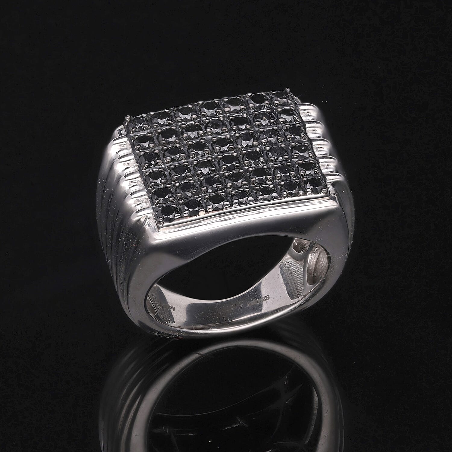 Black Diamond Mens Ring in Platinum Overlay Sterling Silver 1.51 Ct,  Silver Wt. 12.63 Gms