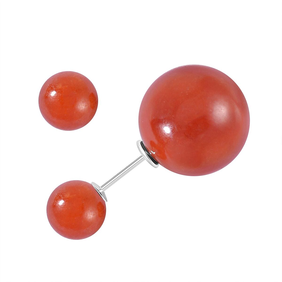 Red Jade Ball Stud Earrings  in Rhodium Overlay Sterling Silver