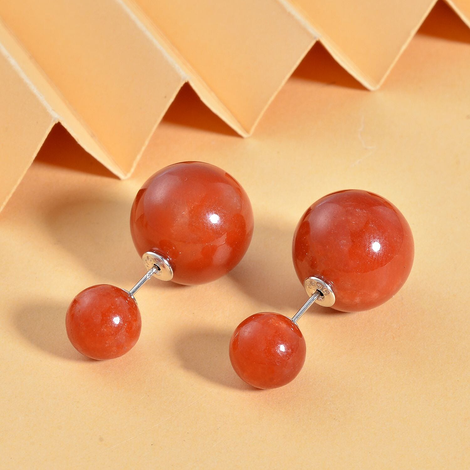 Red Jade Ball Stud Earrings  in Rhodium Overlay Sterling Silver