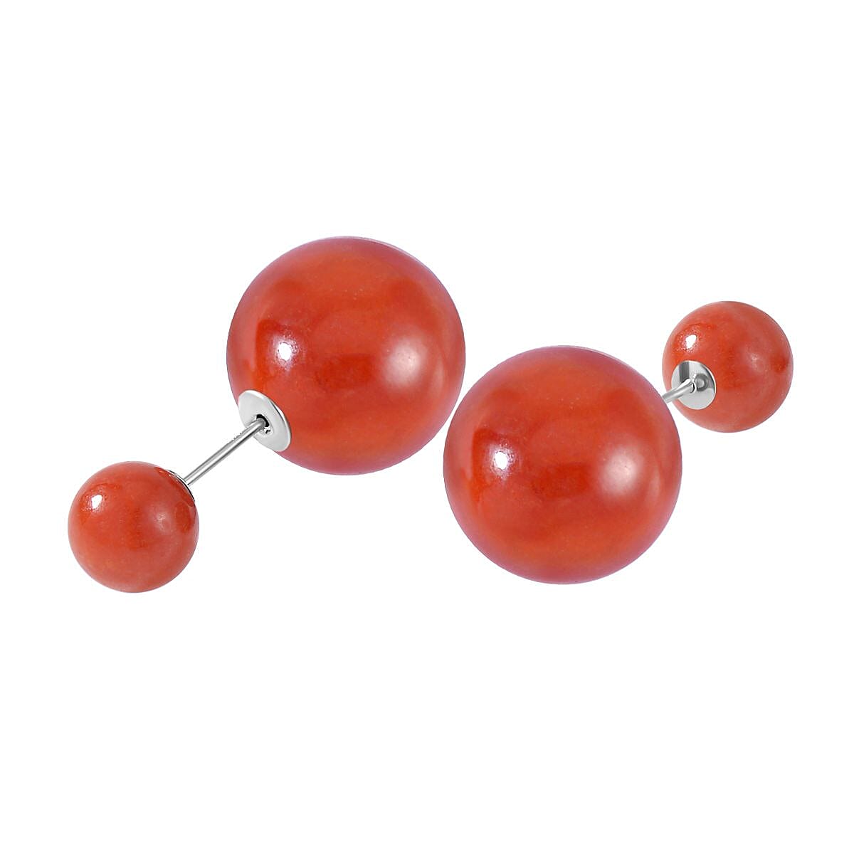 Red Jade Ball Stud Earrings  in Rhodium Overlay Sterling Silver