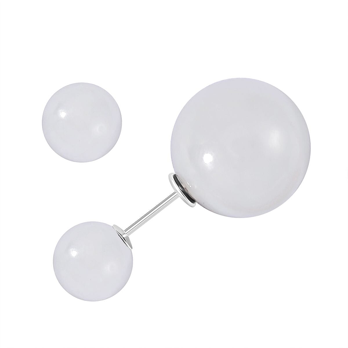 White Jade Ball Stud Earrings in Rhodium Overlay Sterling Silver