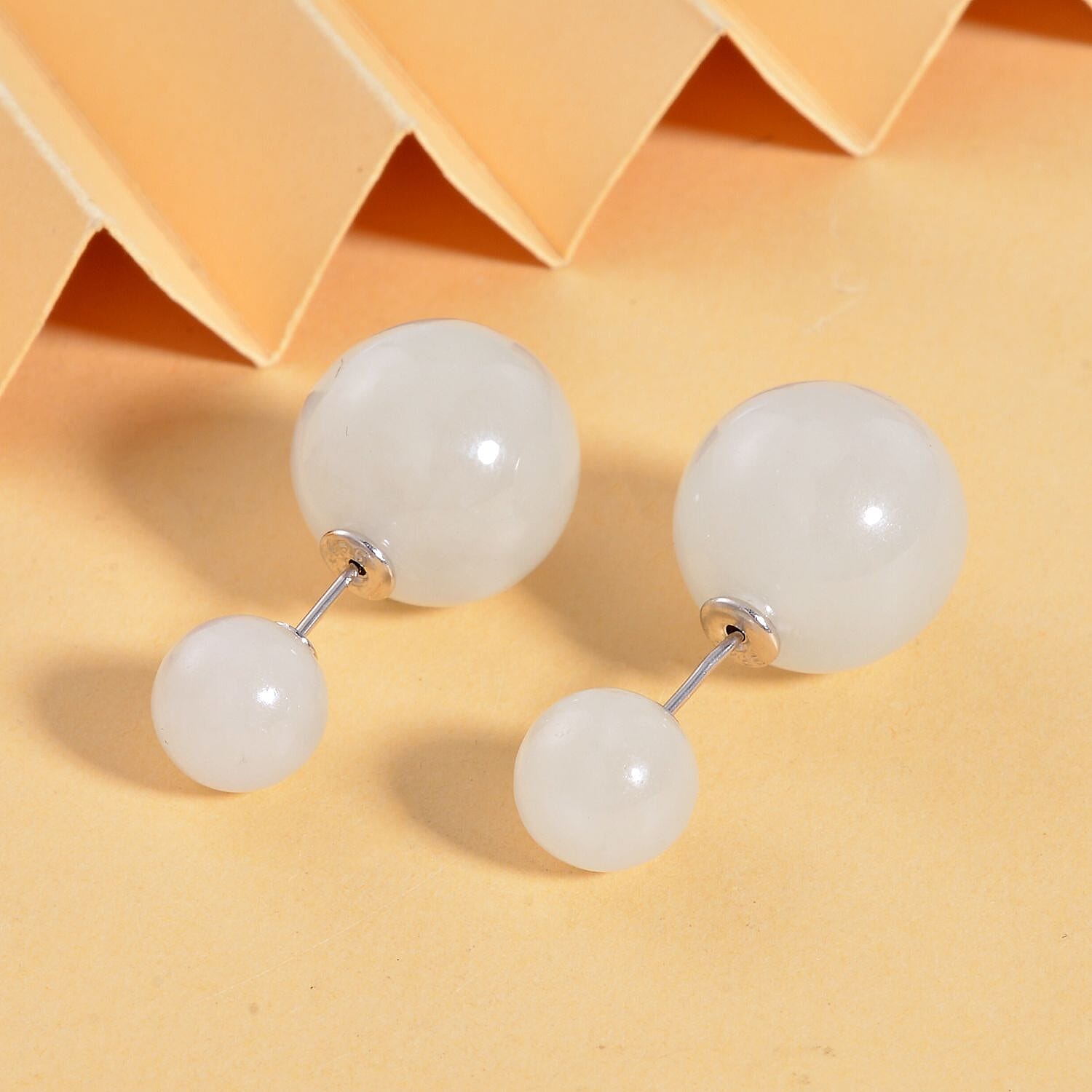 White Jade Ball Stud Earrings in Rhodium Overlay Sterling Silver