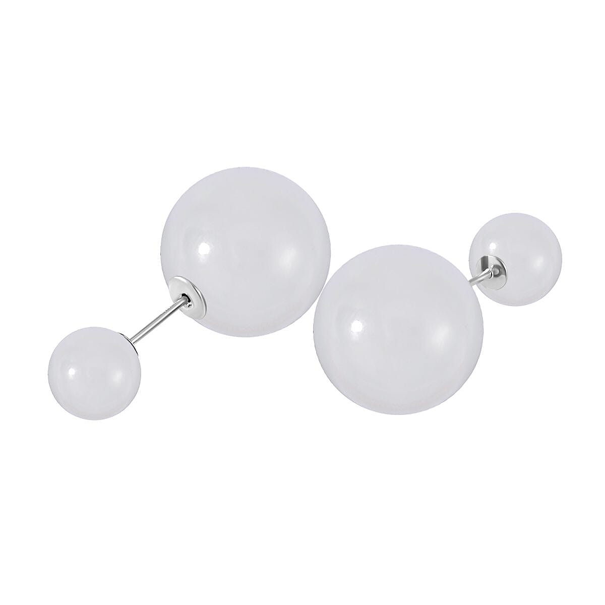 White Jade Ball Stud Earrings in Rhodium Overlay Sterling Silver