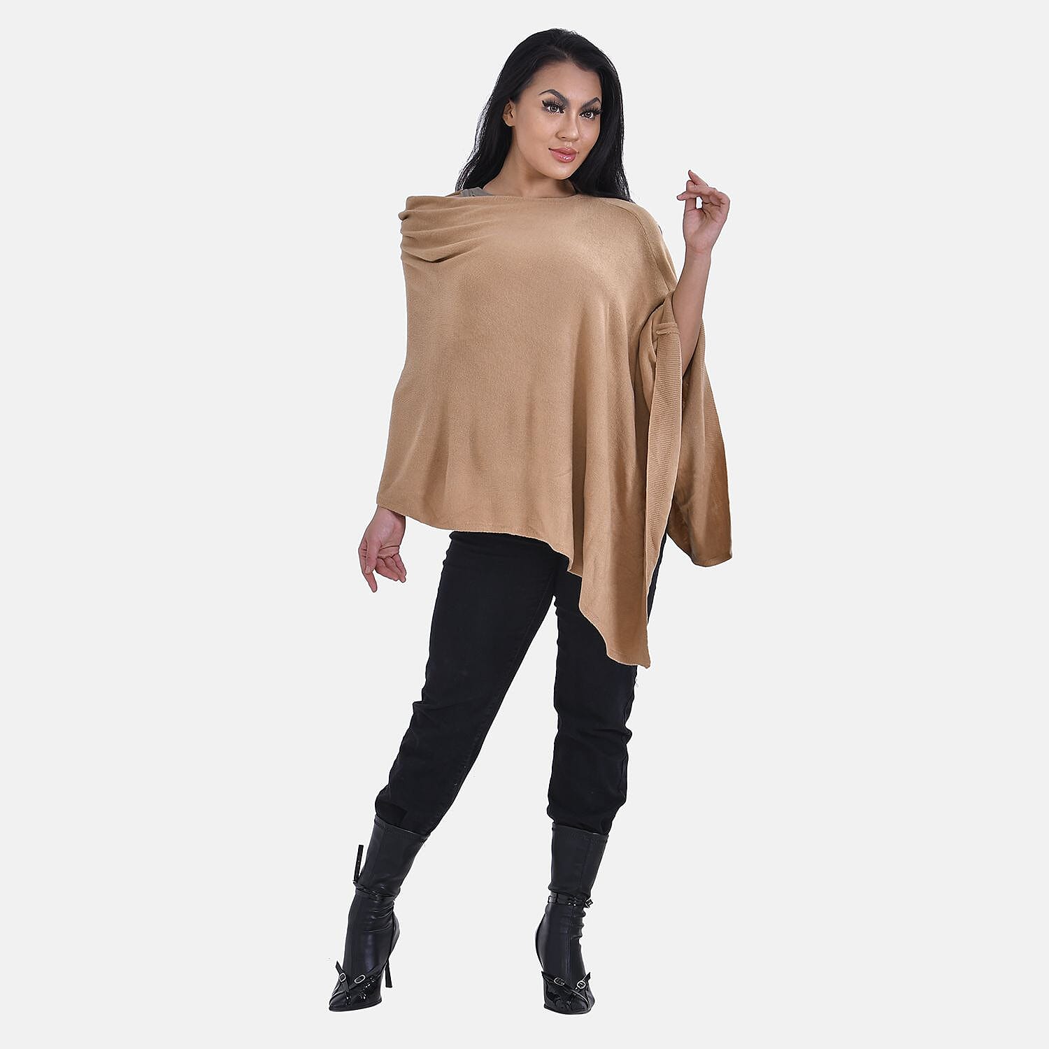 Tamsy Knitted Cape Irregular Cut (One Size) - Camel
