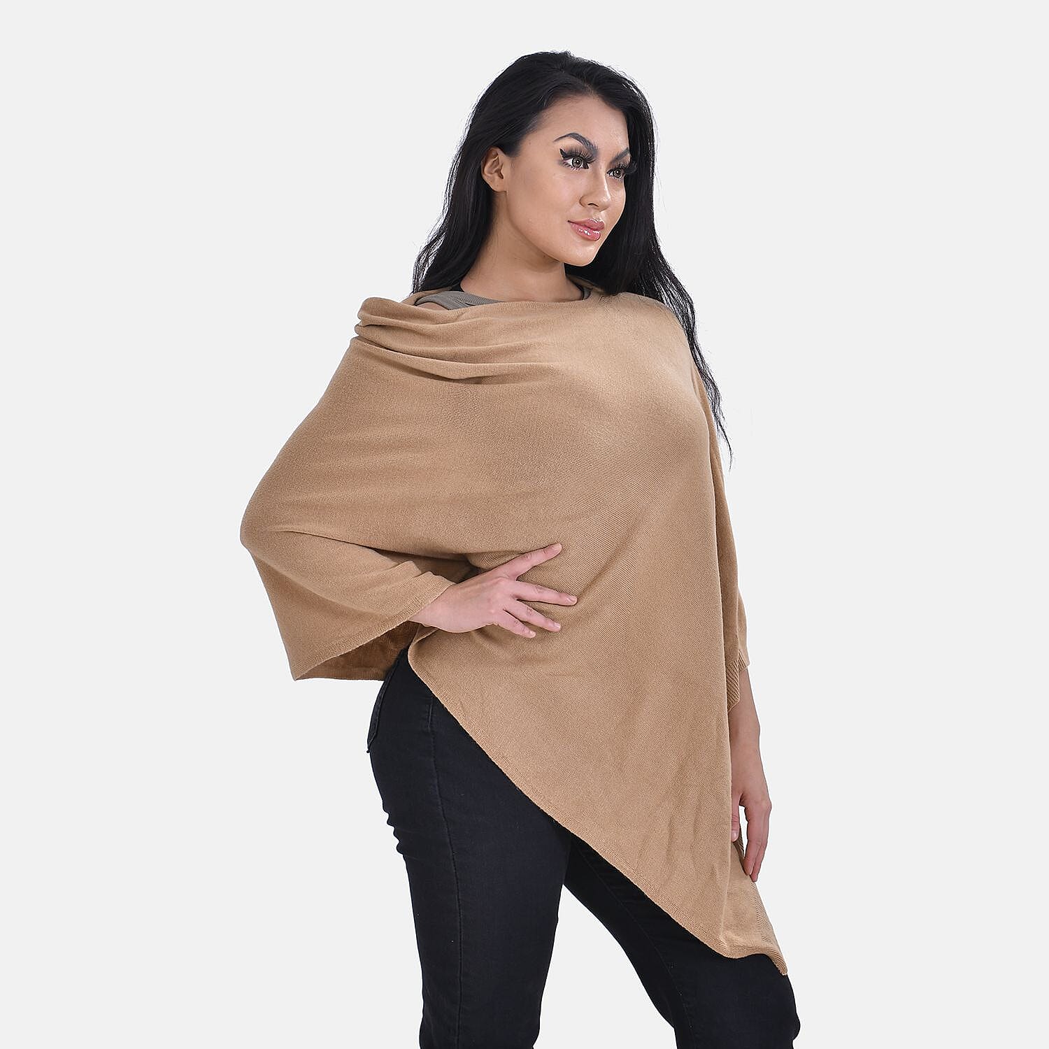 Tamsy Knitted Cape Irregular Cut (One Size) - Camel