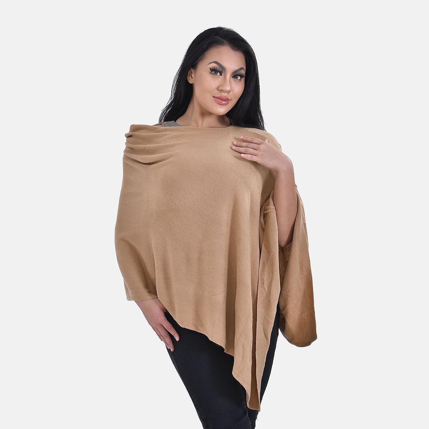 Tamsy Knitted Cape Irregular Cut (One Size) - Camel