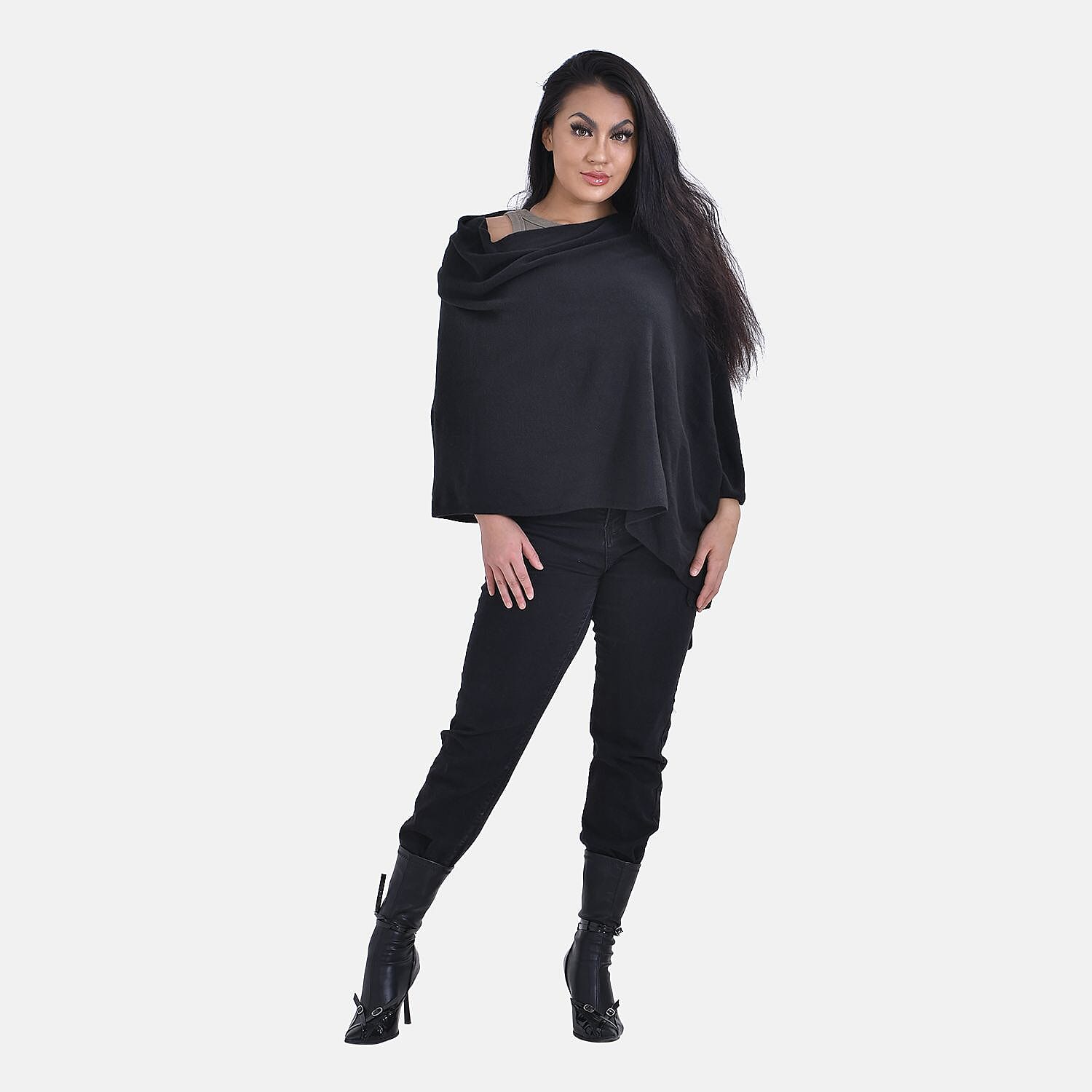 Tamsy Knitted Cape Irregular Cut (One Size) - Black