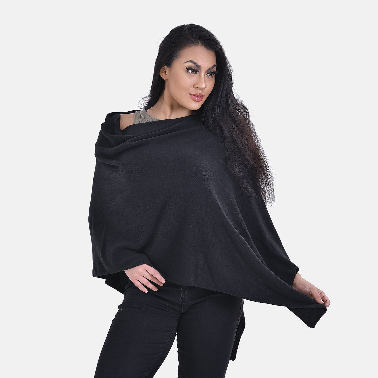 Tamsy Knitted Cape Irregular Cut (One Size) - Black