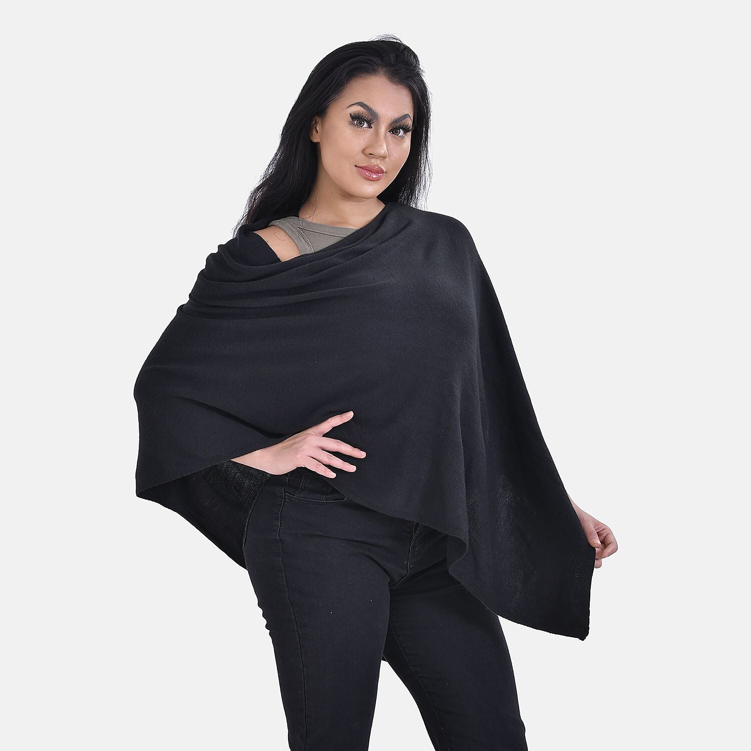 Tamsy Knitted Cape Irregular Cut (One Size) - Black