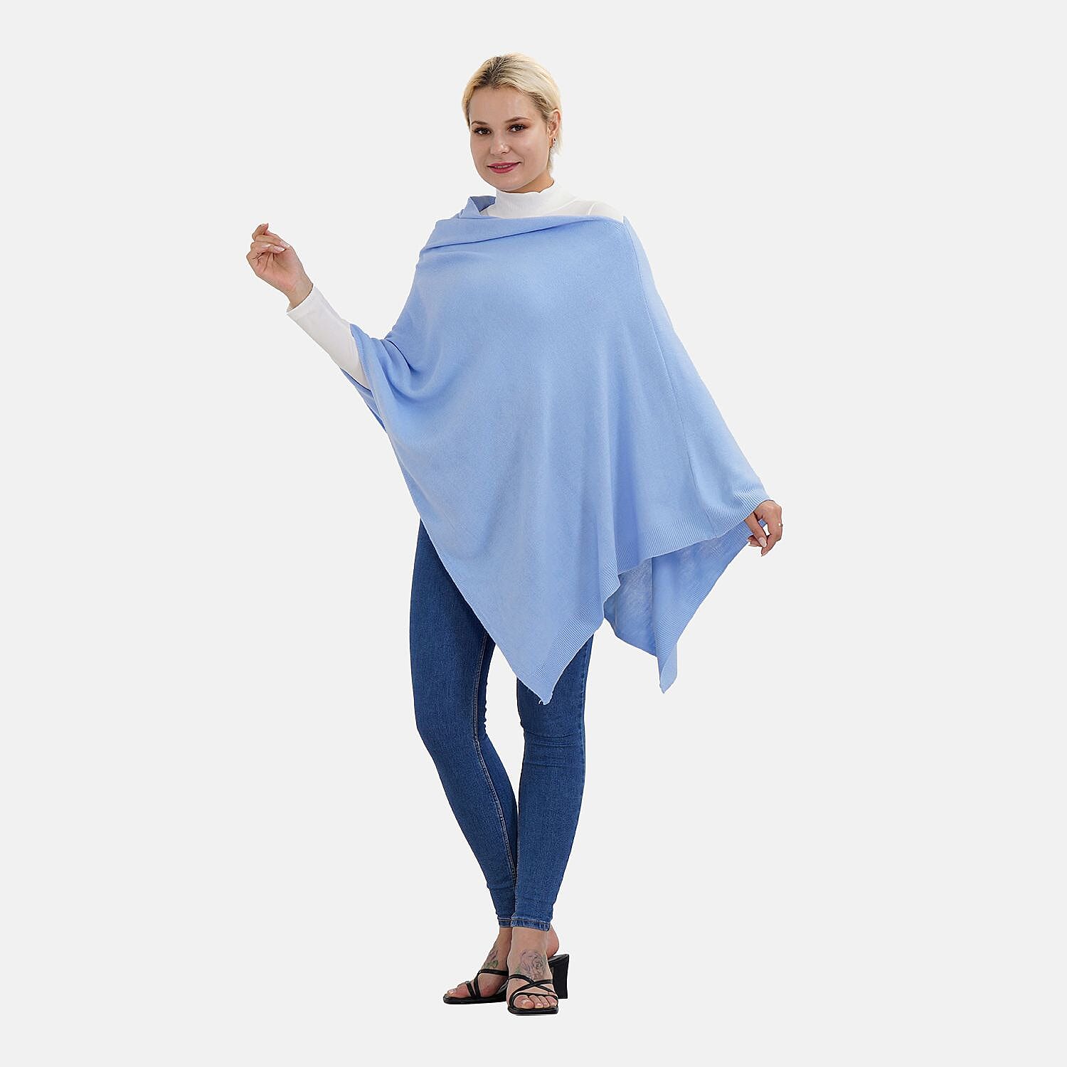 Womens Knitted Cape with Irregular Cut (One Size) - Sky Blue