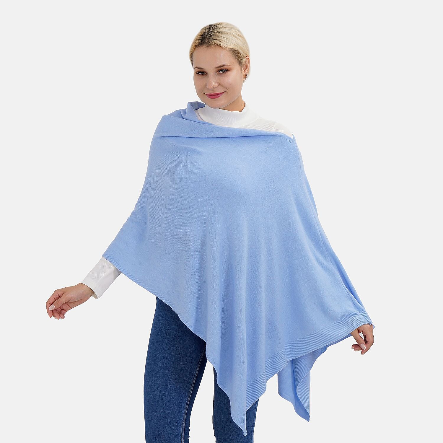 Womens Knitted Cape with Irregular Cut (One Size) - Sky Blue