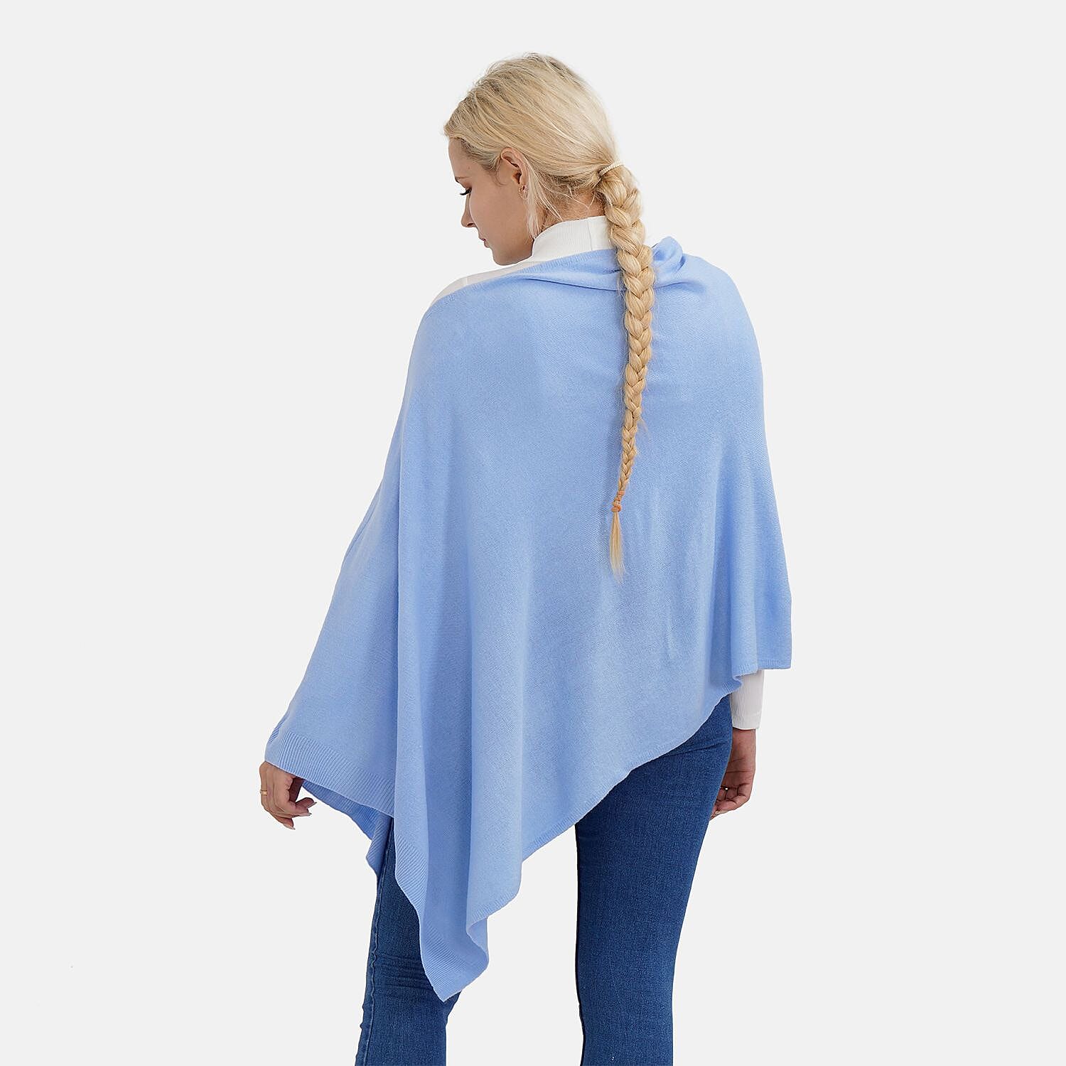 Womens Knitted Cape with Irregular Cut (One Size) - Sky Blue