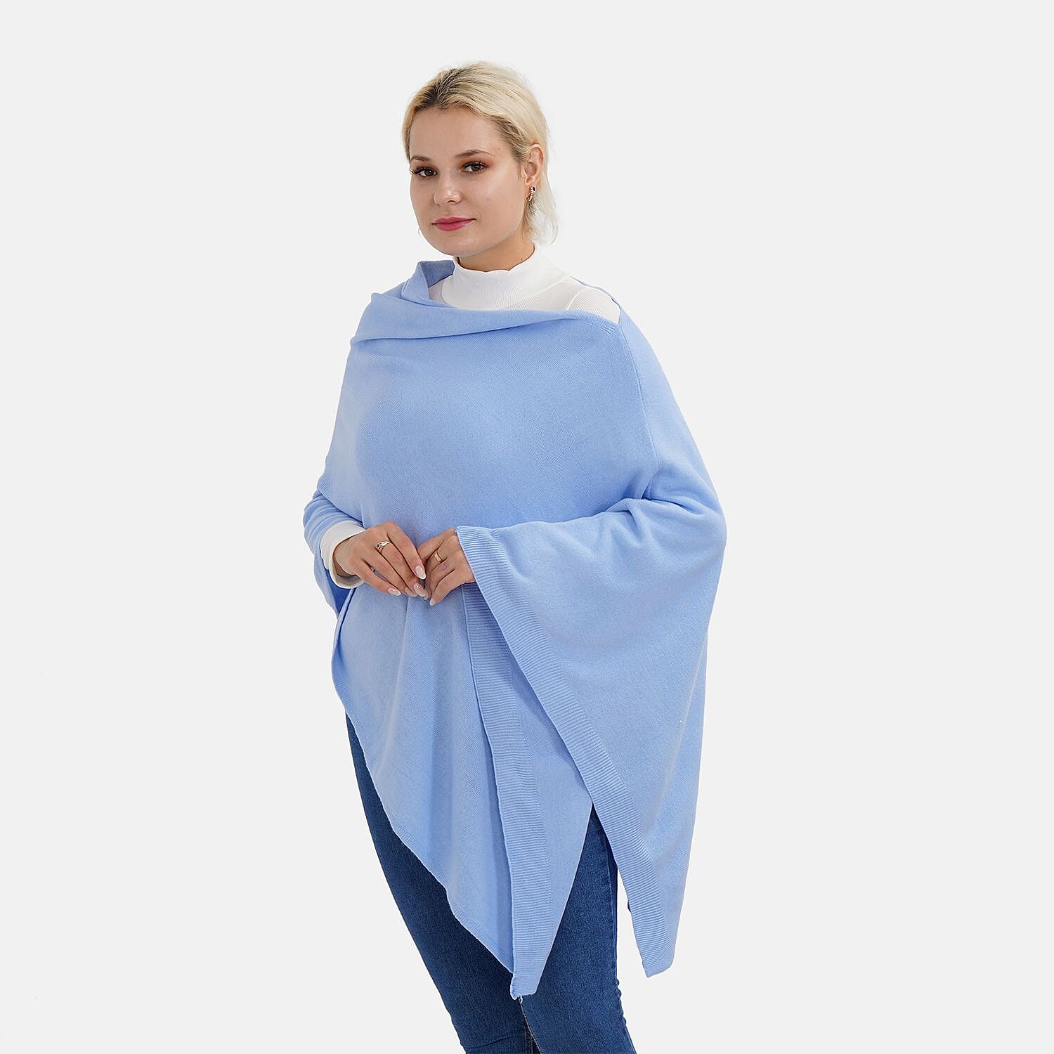 Womens Knitted Cape with Irregular Cut (One Size) - Sky Blue